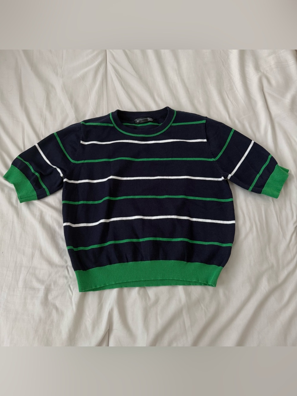 Navy Stripe Short-Sleeve Sweater Top - Green & White Stripe size L
